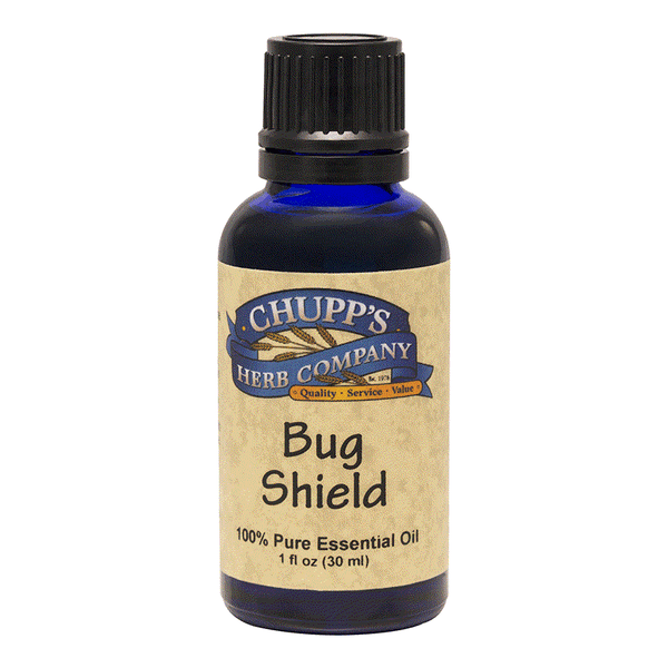 Blue bottle of Bug Shield Oil with 100% pure essential oil for outdoor bug protection