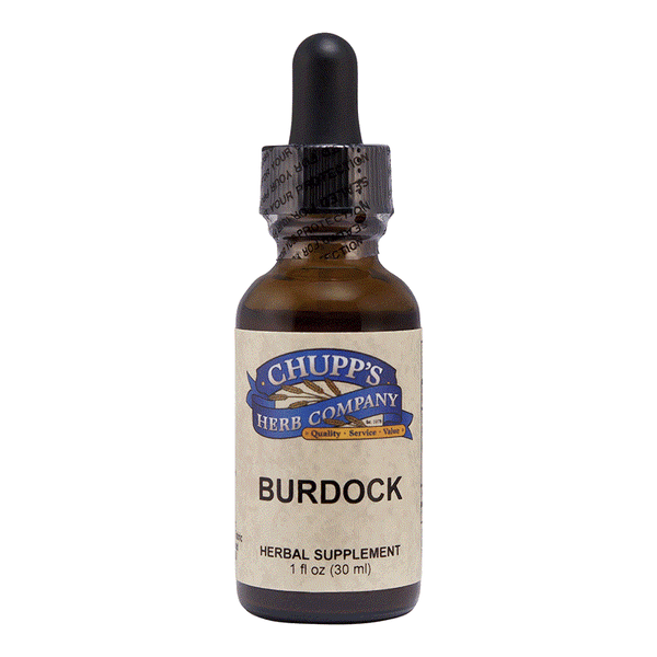 Organic Burdock Root herbal supplement dropper bottle supporting skin health, 667 mg per serving