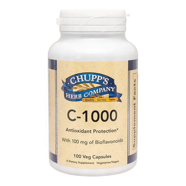 C-1000 with bioflavonoids vitamin C supplement bottle with antioxidant protection and 100 veggie capsules.