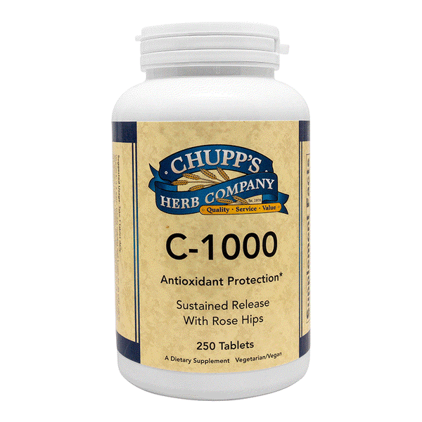 Bottle of Chupp's Herb Company C-1000 vitamin C with rose hips dietary supplement tablets