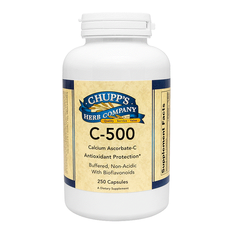 Bottle of C-500 Vitamins C buffered calcium ascorbate supplement with citrus bioflavonoids, 250 capsules