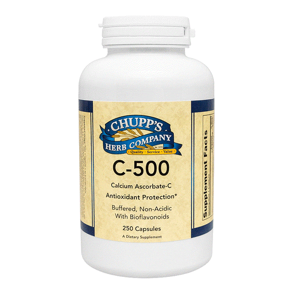 Bottle of C-500 Vitamins C buffered calcium ascorbate supplement with citrus bioflavonoids, 250 capsules