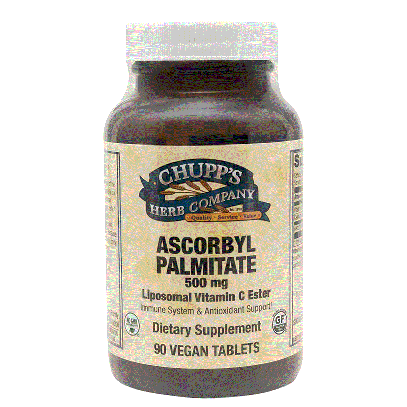 Bottle of Chupp's Herb Company C Ascorbyl Palmitate 500mg vegan tablets dietary supplement with liposomal vitamin C ester for immune support