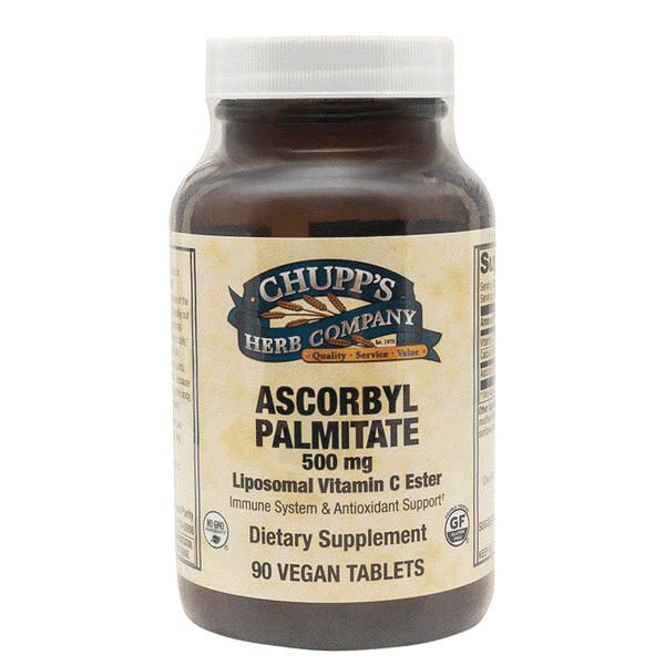 Bottle of Chupp's Herb Company C Ascorbyl Palmitate 500mg vegan tablets dietary supplement with liposomal vitamin C ester for immune support