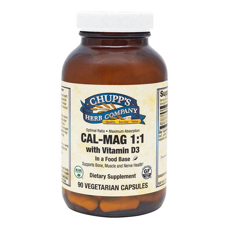 Chupp's Herb Company Cal Mag 1:1 dietary supplement bottle with 90 vegetarian capsules for balanced mineral support and bone health