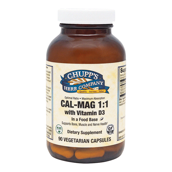 Chupp's Herb Company Cal Mag 1:1 dietary supplement bottle with 90 vegetarian capsules for balanced mineral support and bone health