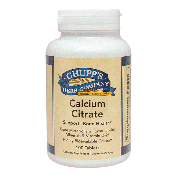 Bottle of Cal-Citrate calcium citrate tablets for bone health with magnesium and zinc by Chupp's Herb Company