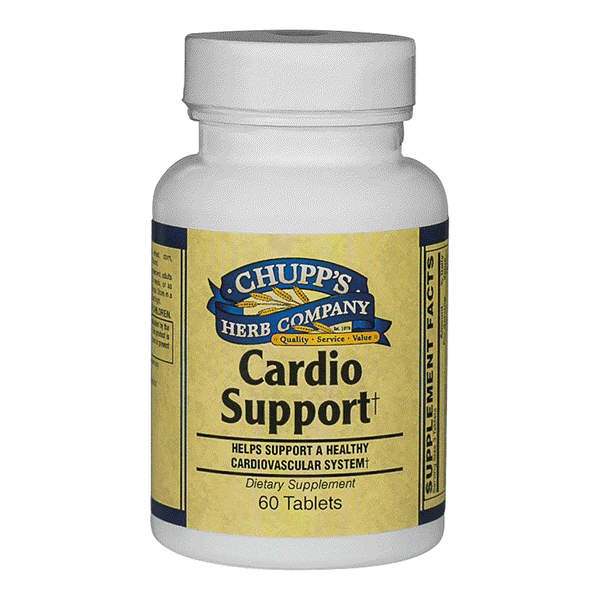 Chupp's Herb Company Cardio Support dietary supplement bottle with 60 tablets for cardiovascular health containing CoQ10 and L-Carnitine, dairy and preservative free.
