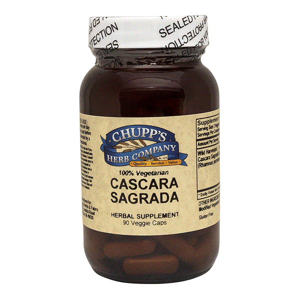 Cascara Sagrada herbal supplement bottle with 90 vegetarian capsules, supports liver and bowels, natural gentle laxative, wild harvested bark, 800 mg per serving.