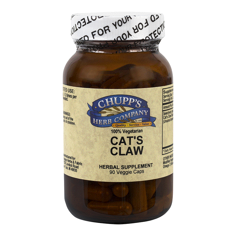 Bottle of Chupp's Herb Company Cat's Claw herbal supplement, 90 vegetarian capsules, 1000 mg per serving, supports stress balance, gluten-free.