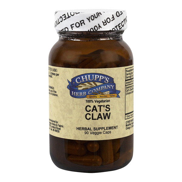 Bottle of Chupp's Herb Company Cat's Claw herbal supplement, 90 vegetarian capsules, 1000 mg per serving, supports stress balance, gluten-free.