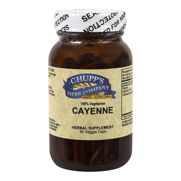 Bottle of Chupp's Herb Company Cayenne herbal supplement with 90 vegetarian capsules, supporting circulatory and heart health, certified organic.