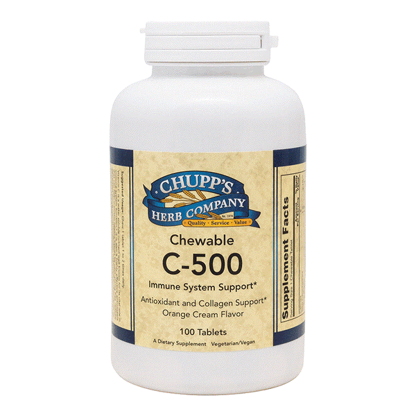 Bottle of Chupp's Herb Company Vitamin C-500 chewable tablets with orange cream flavor for immune support and antioxidant benefits