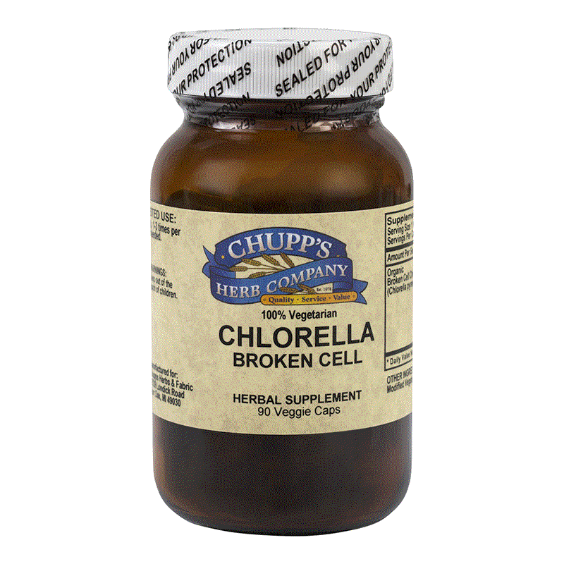 Chupp's Herb Company Chlorella broken cell 500mg organic herbal supplement bottle with 90 vegetarian capsules