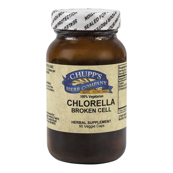 Chupp's Herb Company Chlorella broken cell 500mg organic herbal supplement bottle with 90 vegetarian capsules