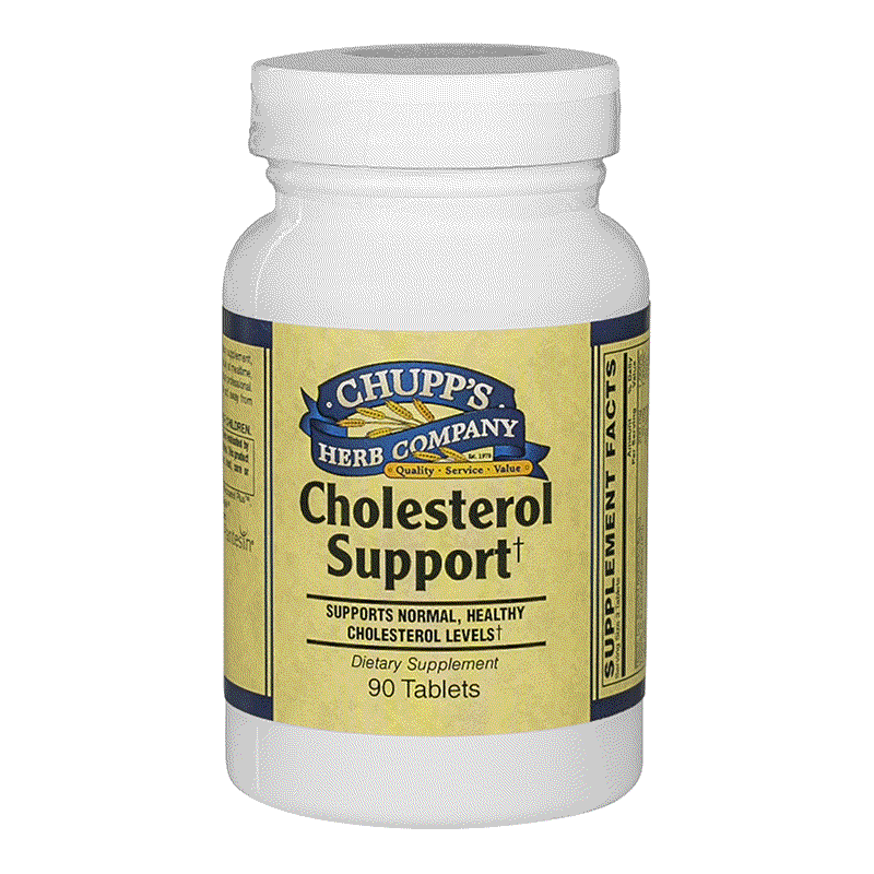 Chupp's Herb Company Cholesterol Support dietary supplement bottle with 90 tablets for healthy cholesterol levels