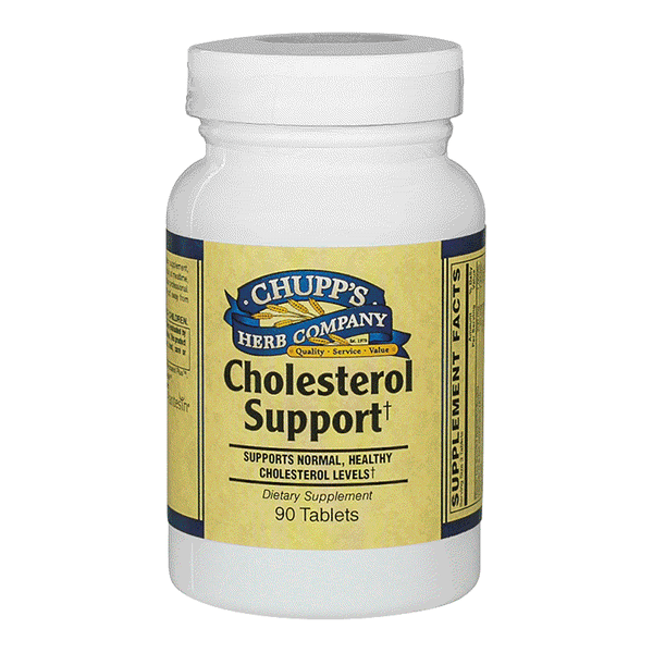 Chupp's Herb Company Cholesterol Support dietary supplement bottle with 90 tablets for healthy cholesterol levels