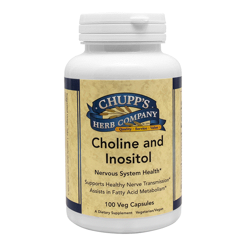 Chupp's Herb Company Choline and Inositol supplement bottle for nervous system and brain support with 100 vegetarian capsules