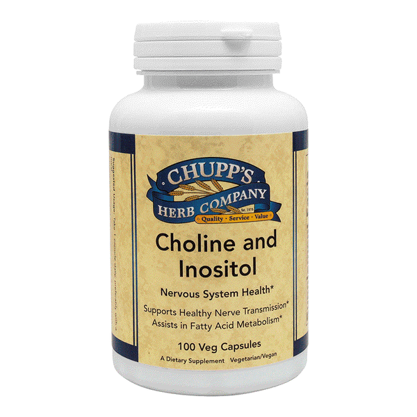Chupp's Herb Company Choline and Inositol supplement bottle for nervous system and brain support with 100 vegetarian capsules
