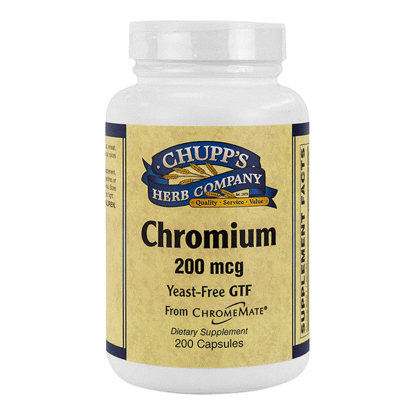 Chupp's Herb Company Chromium 200 mcg yeast-free GTF dietary supplement bottle with 200 capsules