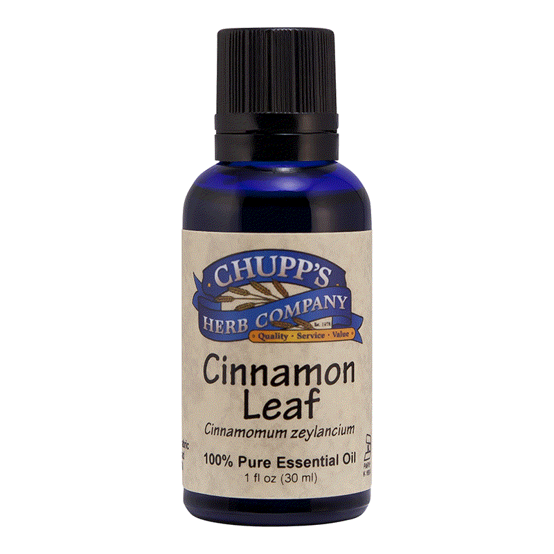 Bottle of Chupp's Herb Company Cinnamon Leaf 100% pure essential oil for blood sugar support and digestion aid