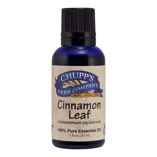 Bottle of Chupp's Herb Company Cinnamon Leaf 100% pure essential oil for blood sugar support and digestion aid
