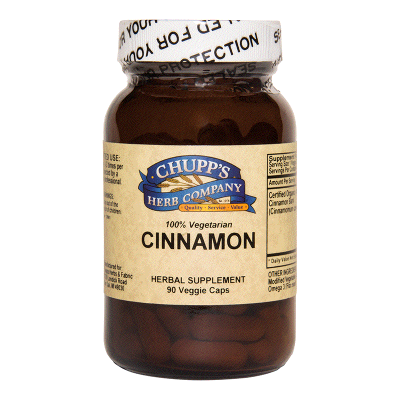 Organic Cinnamon Bark herbal supplement bottle with 90 vegetarian capsules, 1000 mg per serving, allergy-free and supports blood sugar.