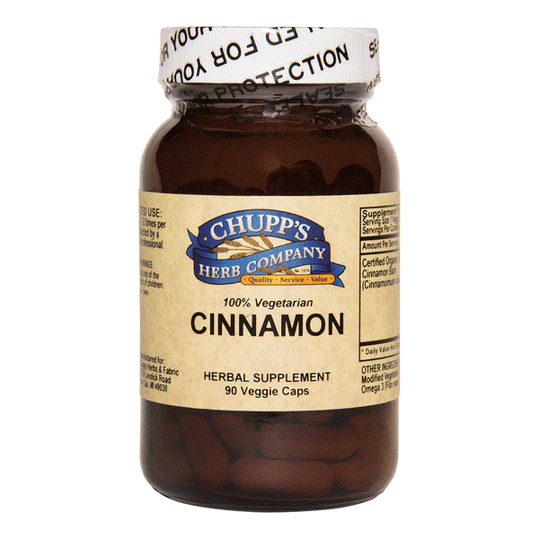 Organic Cinnamon Bark herbal supplement bottle with 90 vegetarian capsules, 1000 mg per serving, allergy-free and supports blood sugar.