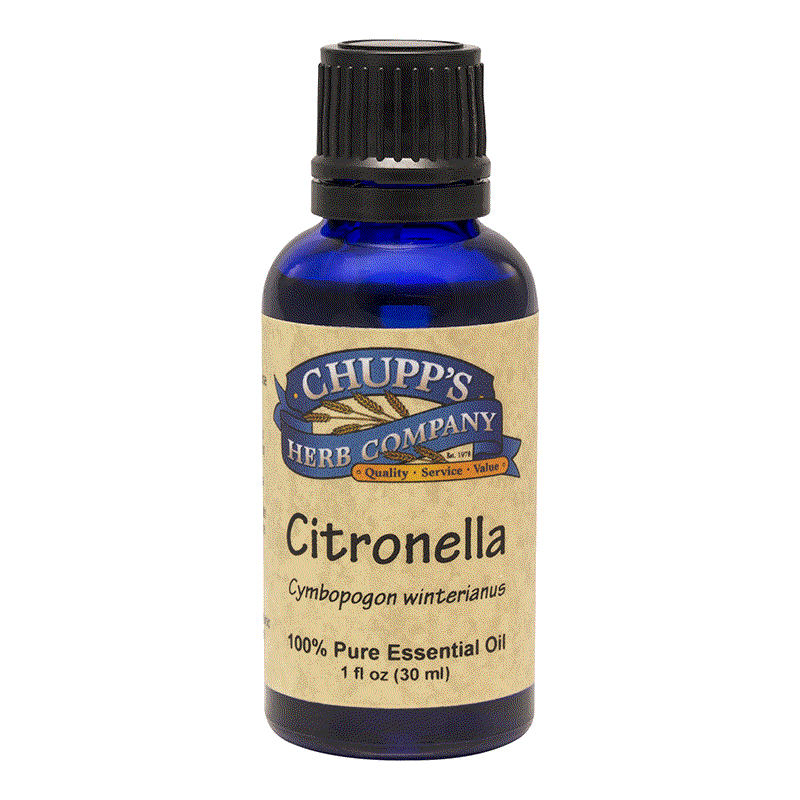 Blue glass bottle of Chupp's Herb Company Citronella 100% pure essential oil natural insect repellent