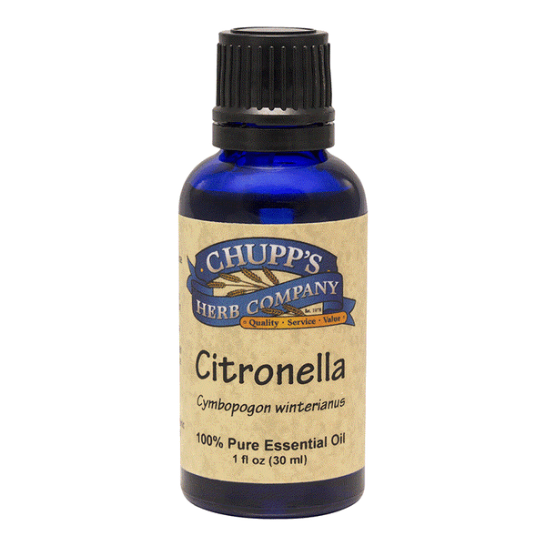 Blue glass bottle of Chupp's Herb Company Citronella 100% pure essential oil natural insect repellent