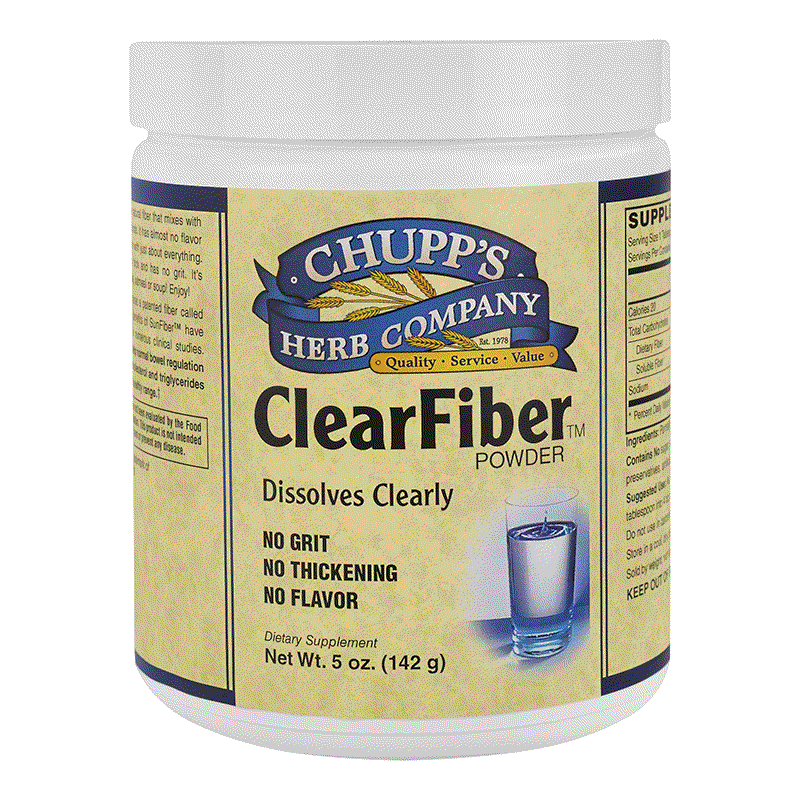 Chupp's Herb Company Clear Fiber powder dissolving clearly in liquid with no grit, thickening, or flavor, 3 grams soluble fiber, allergen-free dietary supplement.