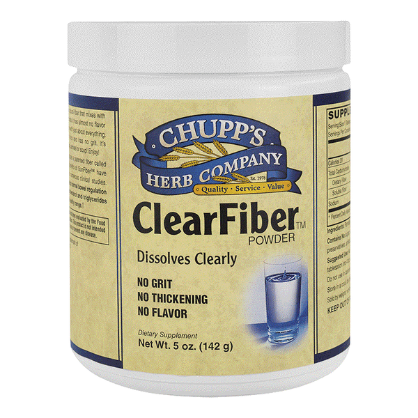 Chupp's Herb Company Clear Fiber powder dissolving clearly in liquid with no grit, thickening, or flavor, 3 grams soluble fiber, allergen-free dietary supplement.