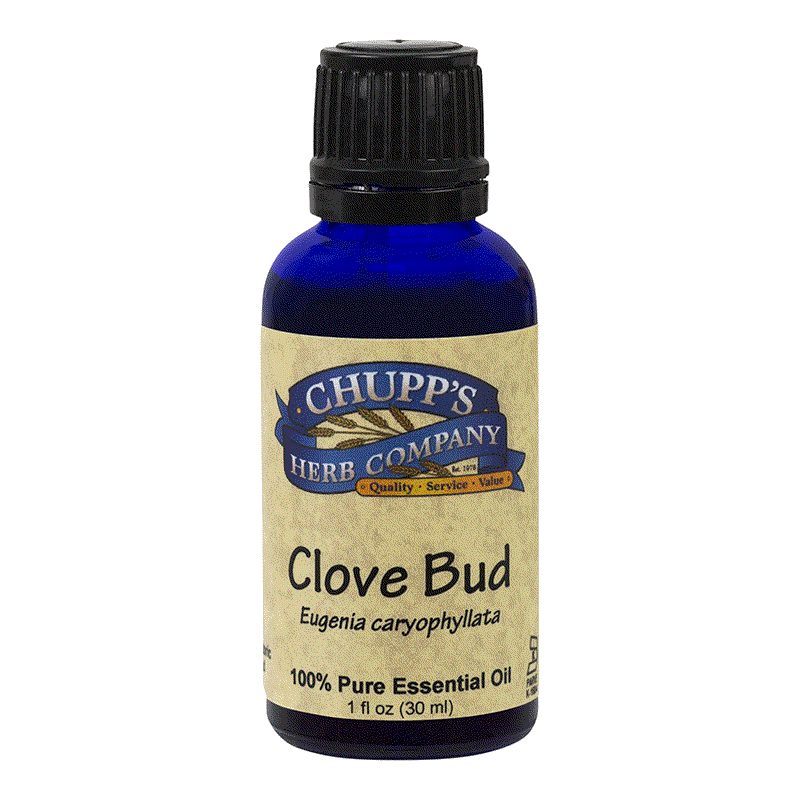 Bottle of Chupp's Herb Company Clove Bud 100% pure essential oil for toothache relief and pain soothing
