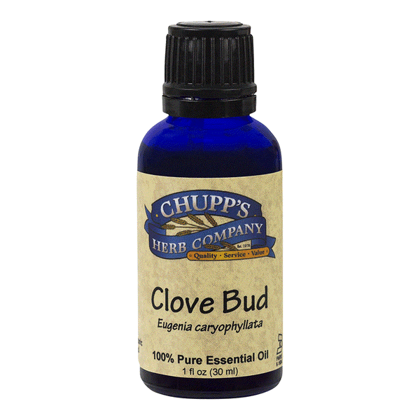Bottle of Chupp's Herb Company Clove Bud 100% pure essential oil for toothache relief and pain soothing