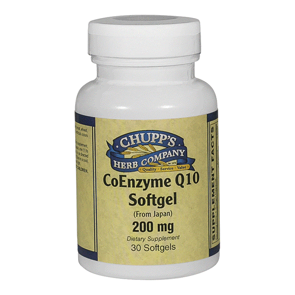 Coenzyme Q10 200mg softgel dietary supplement bottle with 30 softgels from Chupp's Herb Company