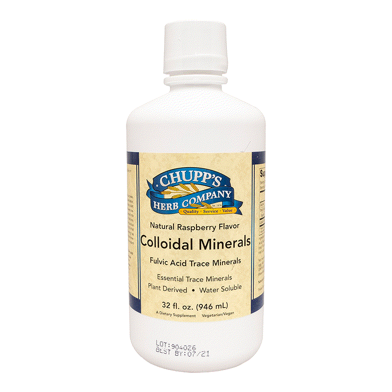 Bottle of Chupp's Herb Company Colloidal Minerals with natural raspberry flavor and plant-derived water-soluble minerals