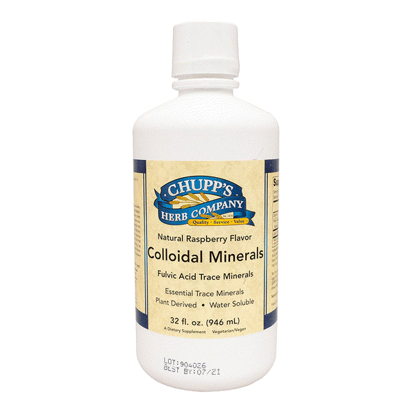 Bottle of Chupp's Herb Company Colloidal Minerals with natural raspberry flavor and plant-derived water-soluble minerals
