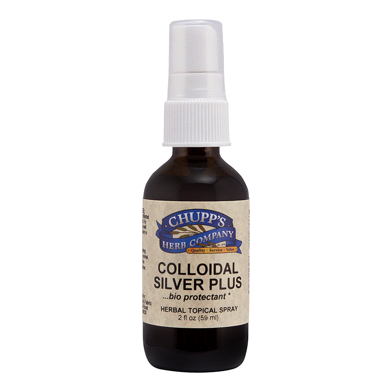 Colloidal Silver Plus herbal topical spray with olive leaf, tea tree, oregano, and 15 PPM silver content in a 2 oz brown bottle with white spray cap