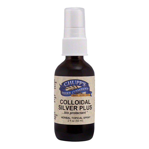 Colloidal Silver Plus herbal topical spray with olive leaf, tea tree, oregano, and 15 PPM silver content in a 2 oz brown bottle with white spray cap