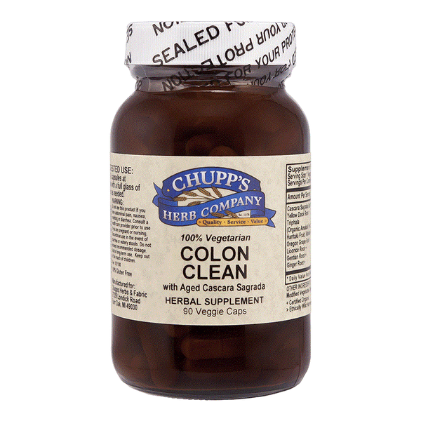 Brown bottle of Chupp's Herb Company Colon Clean herbal supplement capsules for gentle digestive cleanse and regularity support