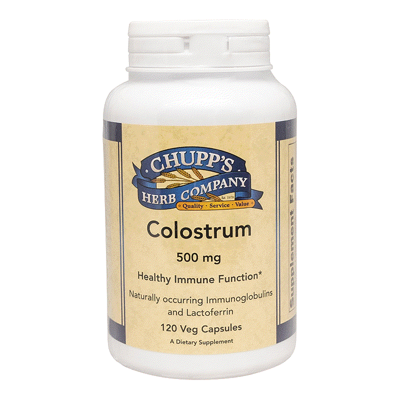 Bottle of Chupp's Herb Company Colostrum 500mg dietary supplement with 120 vegetarian capsules for immune support and lean muscle health