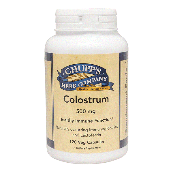 Bottle of Chupp's Herb Company Colostrum 500mg dietary supplement with 120 vegetarian capsules for immune support and lean muscle health