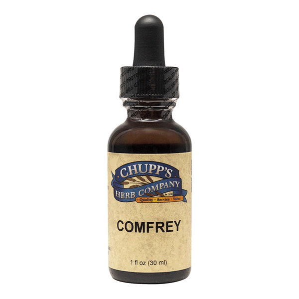 Bottle of Chupp's Comfrey organic root extract for bruises, sprains, and throat health, 1 fl oz.