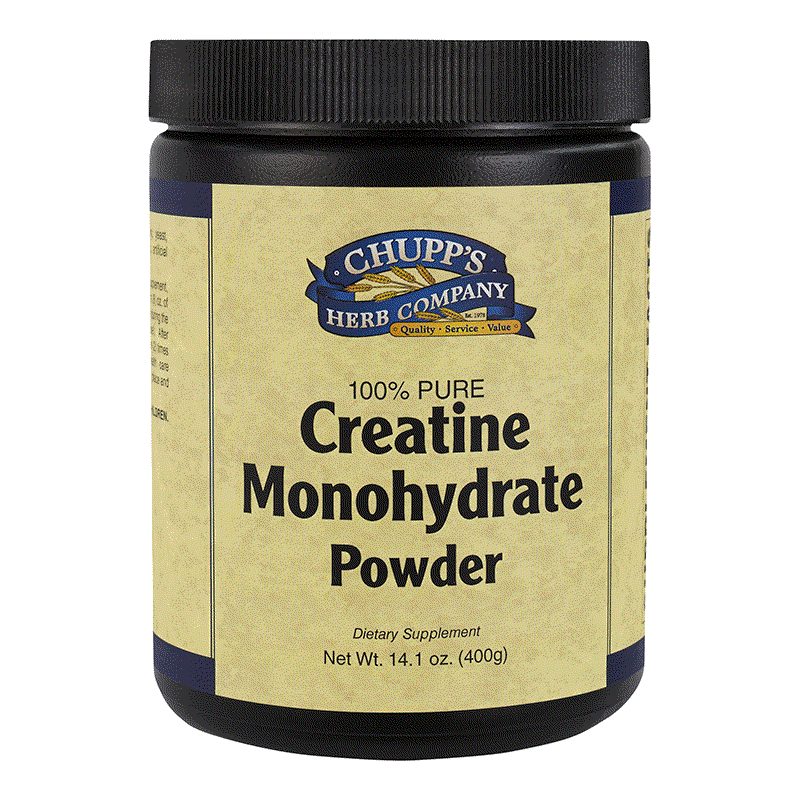 Container of Chupp's Herb Company 100% Pure Creatine Monohydrate Powder dietary supplement, 400g, no preservatives, allergen-free, popular with athletes.