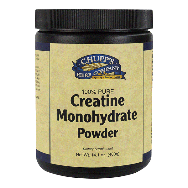 Container of Chupp's Herb Company 100% Pure Creatine Monohydrate Powder dietary supplement, 400g, no preservatives, allergen-free, popular with athletes.