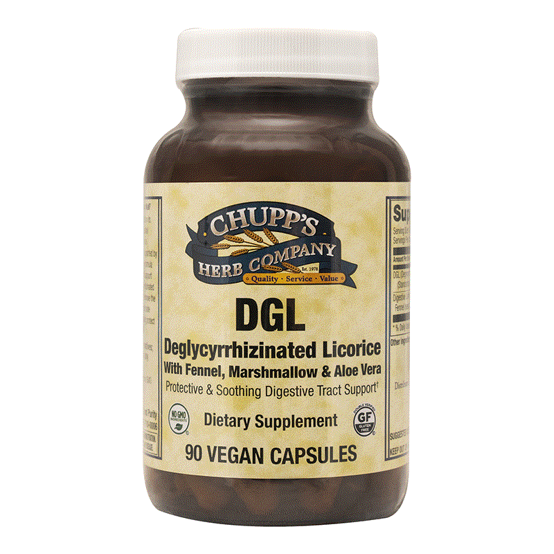 DGL dietary supplement with deglycyrrhizinated licorice, fennel, marshmallow, and aloe for digestive support in vegan capsules