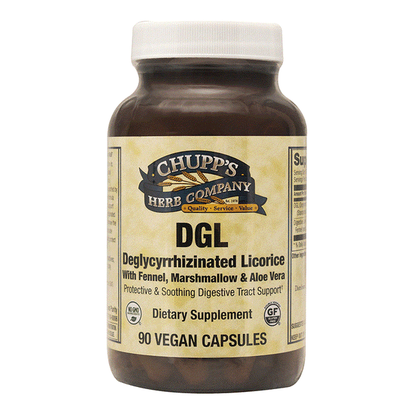 DGL dietary supplement with deglycyrrhizinated licorice, fennel, marshmallow, and aloe for digestive support in vegan capsules
