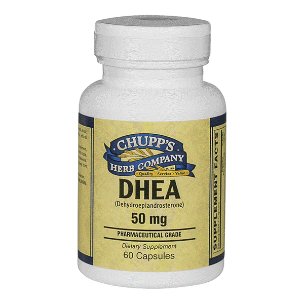 Chupp's Herb Company DHEA 50 mg dietary supplement bottle with 60 capsules for brain and heart support, additive-free.