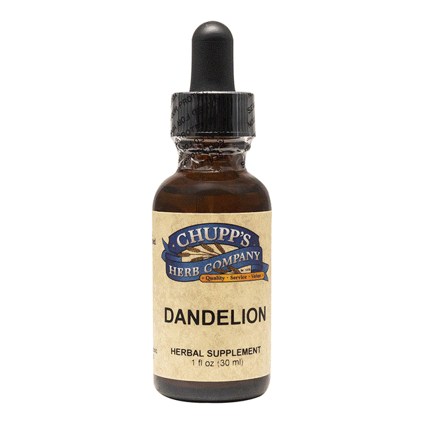Bottle of Chupp's Dandelion Liquid herbal supplement with dropper for liver support and organic dandelion root.