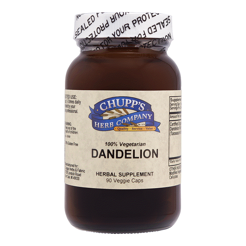 Chupp's Herb Company Dandelion 100% vegetarian herbal supplement bottle with 90 veggie capsules and organic gluten-free dandelion root formula.